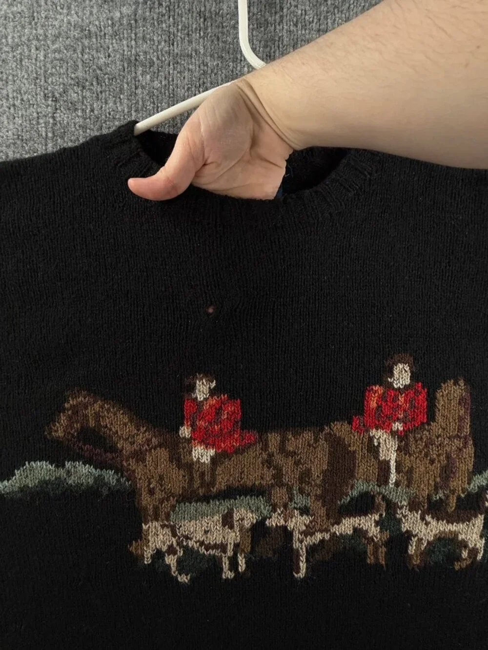 VTG Ralph Lauren Equestrian Fox Hunt Large Sweater Graphic Black Wool Hand Knit